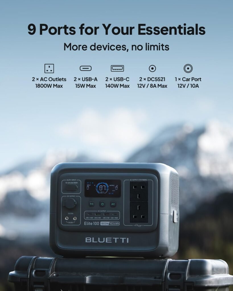 BLUETTI Elite V2 Solar Generator, 1024Wh LFP Battery Backup w/ 1800W AC Outlets (3600W Surge), 35% Smaller, Portable Power for Camping, Outages, and UPS Backup (Solar Panel Optional)